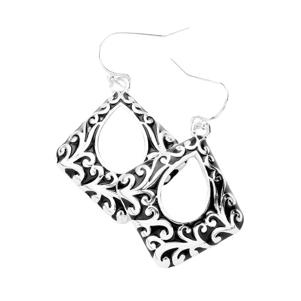 Silver Antique Pattern Cut Out Metal Square Dangle Earrings - Jewelry Store by Erik Rayo