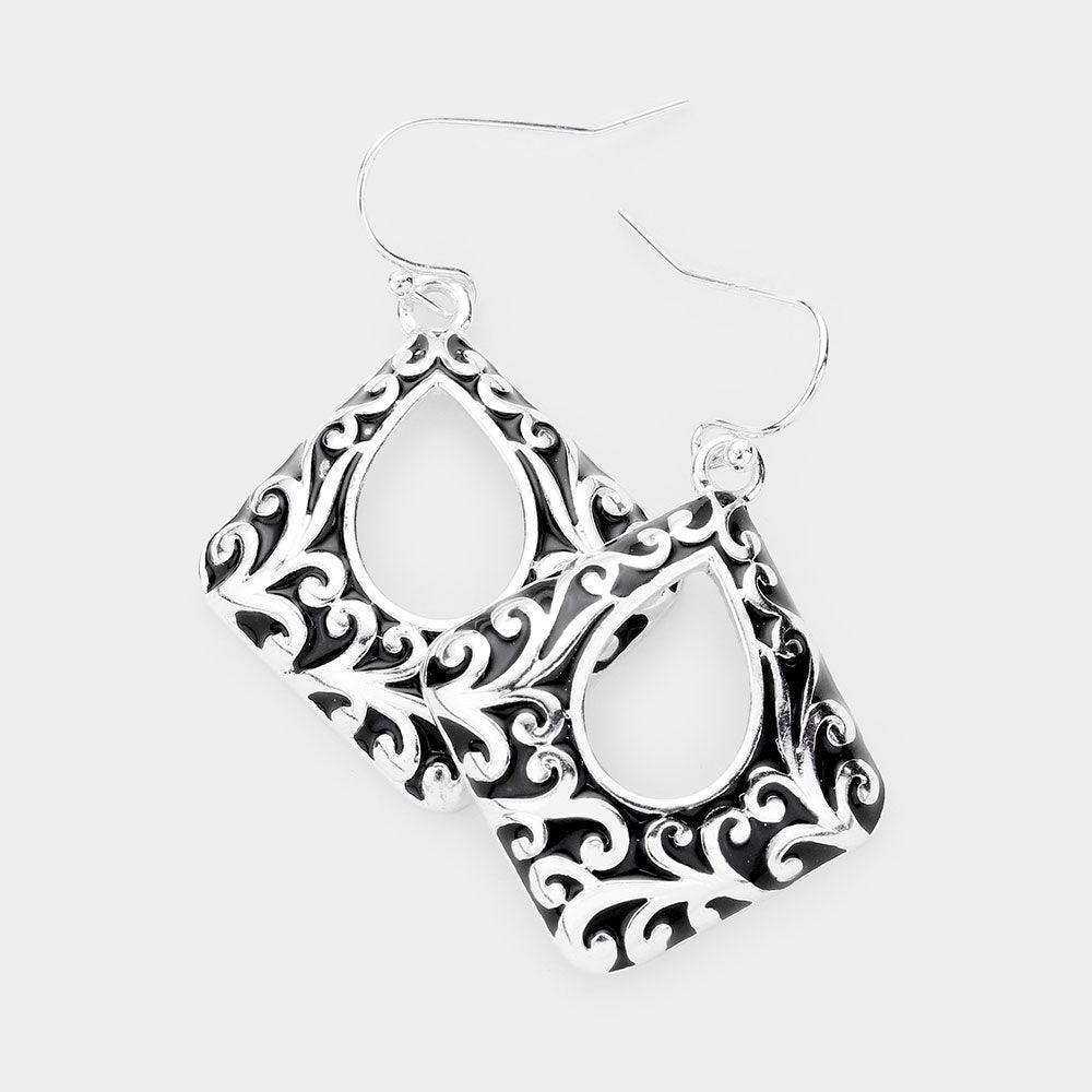 Silver Antique Pattern Cut Out Metal Square Dangle Earrings - Jewelry Store by Erik Rayo