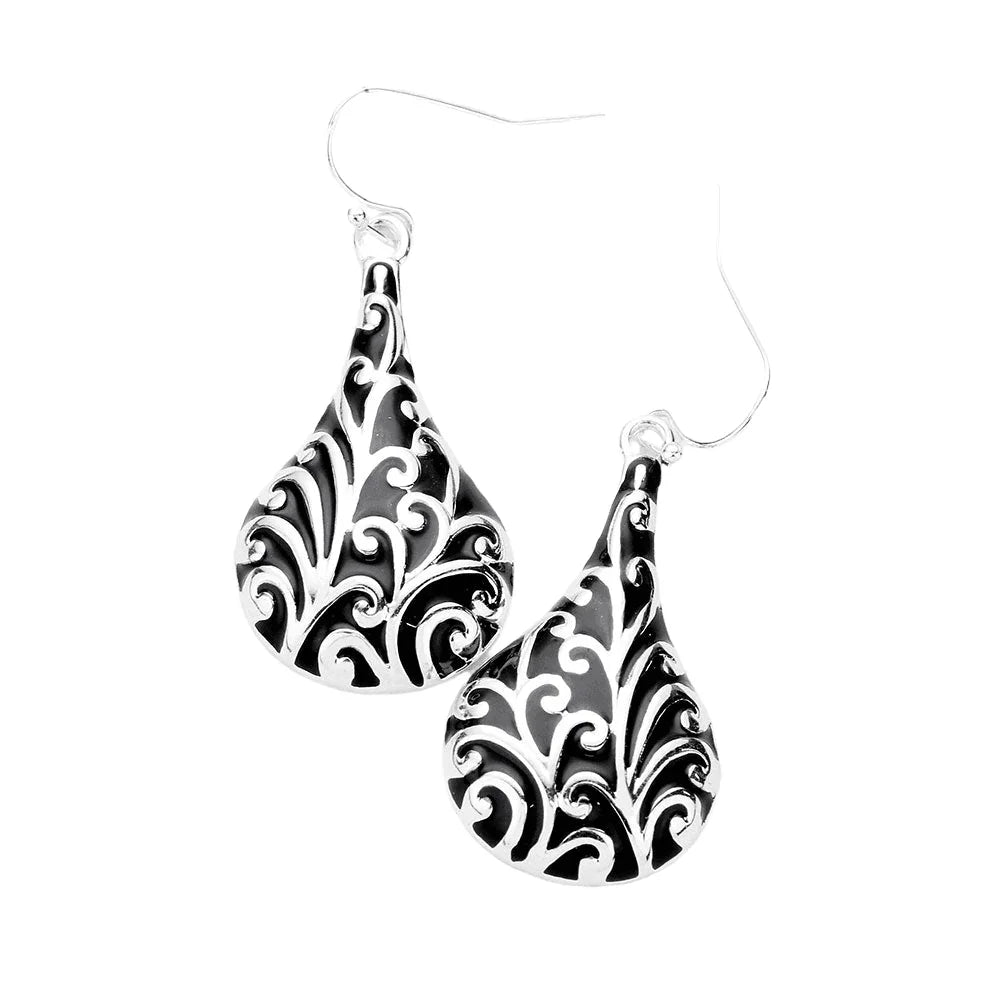 Silver Antique Pattern Metal Pear Dangle Earrings - Jewelry Store by Erik Rayo