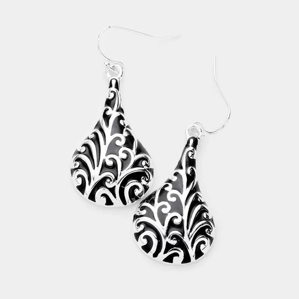 Silver Antique Pattern Metal Pear Dangle Earrings - Jewelry Store by Erik Rayo