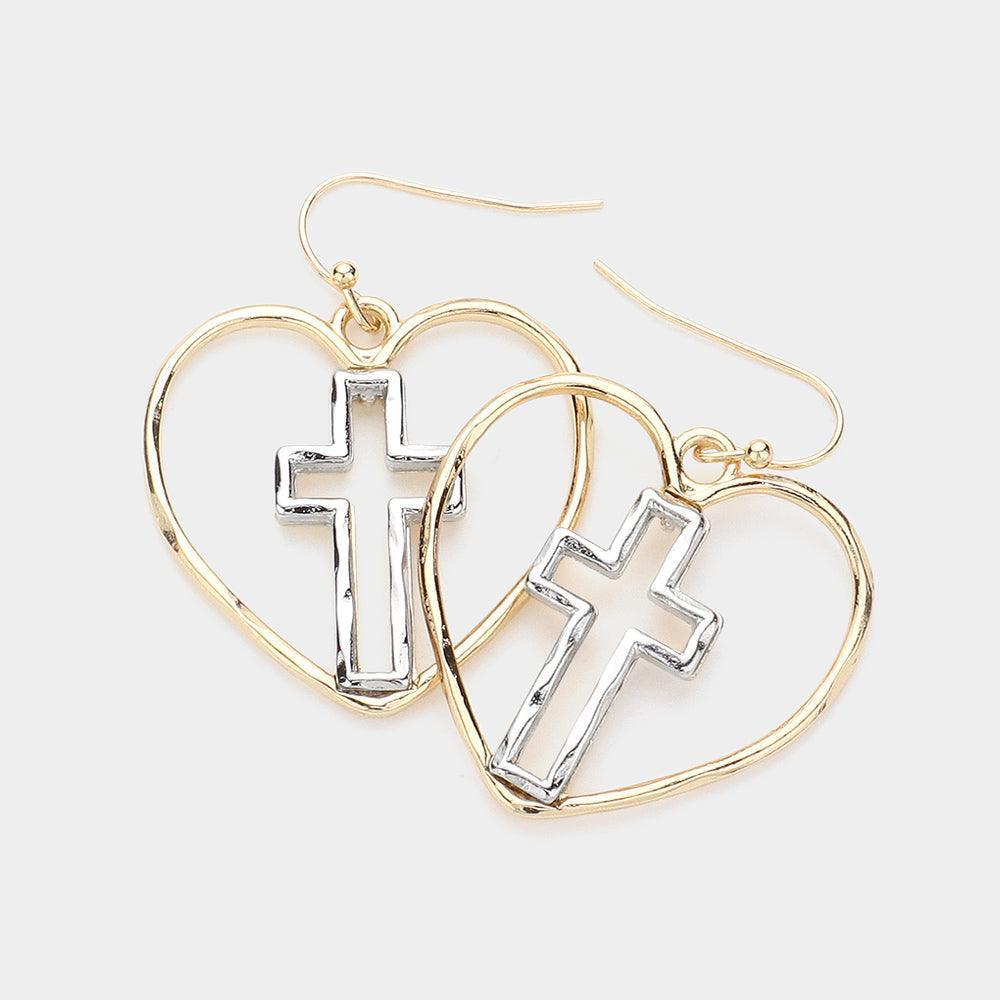 Gold Hammered Metal Cross Pointed Open Heart Dangle Earrings