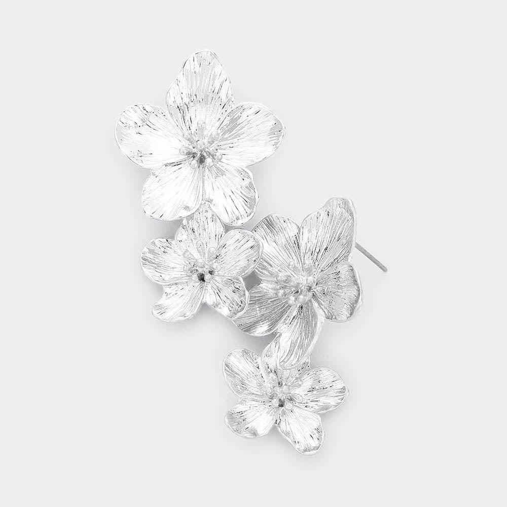 Silver Triple Metal Bloom Flower Drop Earrings - Jewelry Store by Erik Rayo