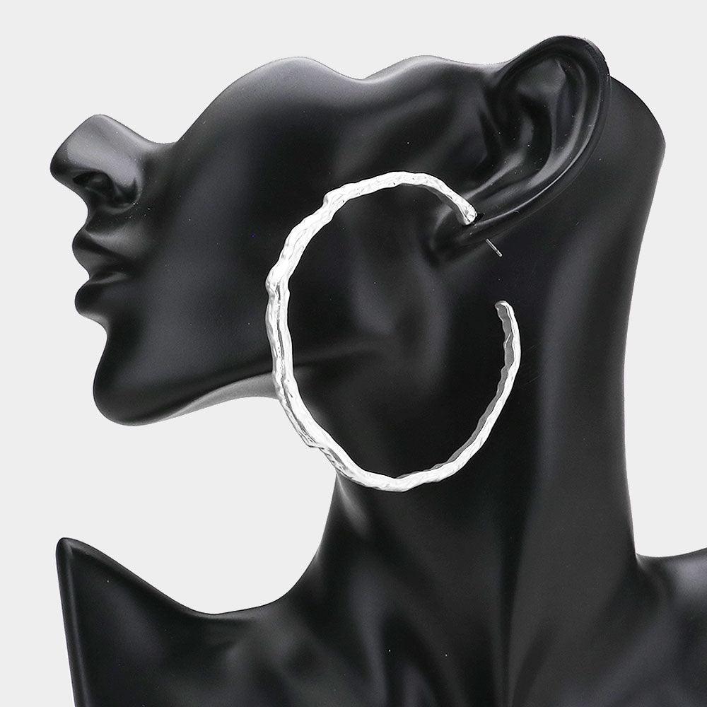 Silver Textured Irregular Metal Hoop Earrings