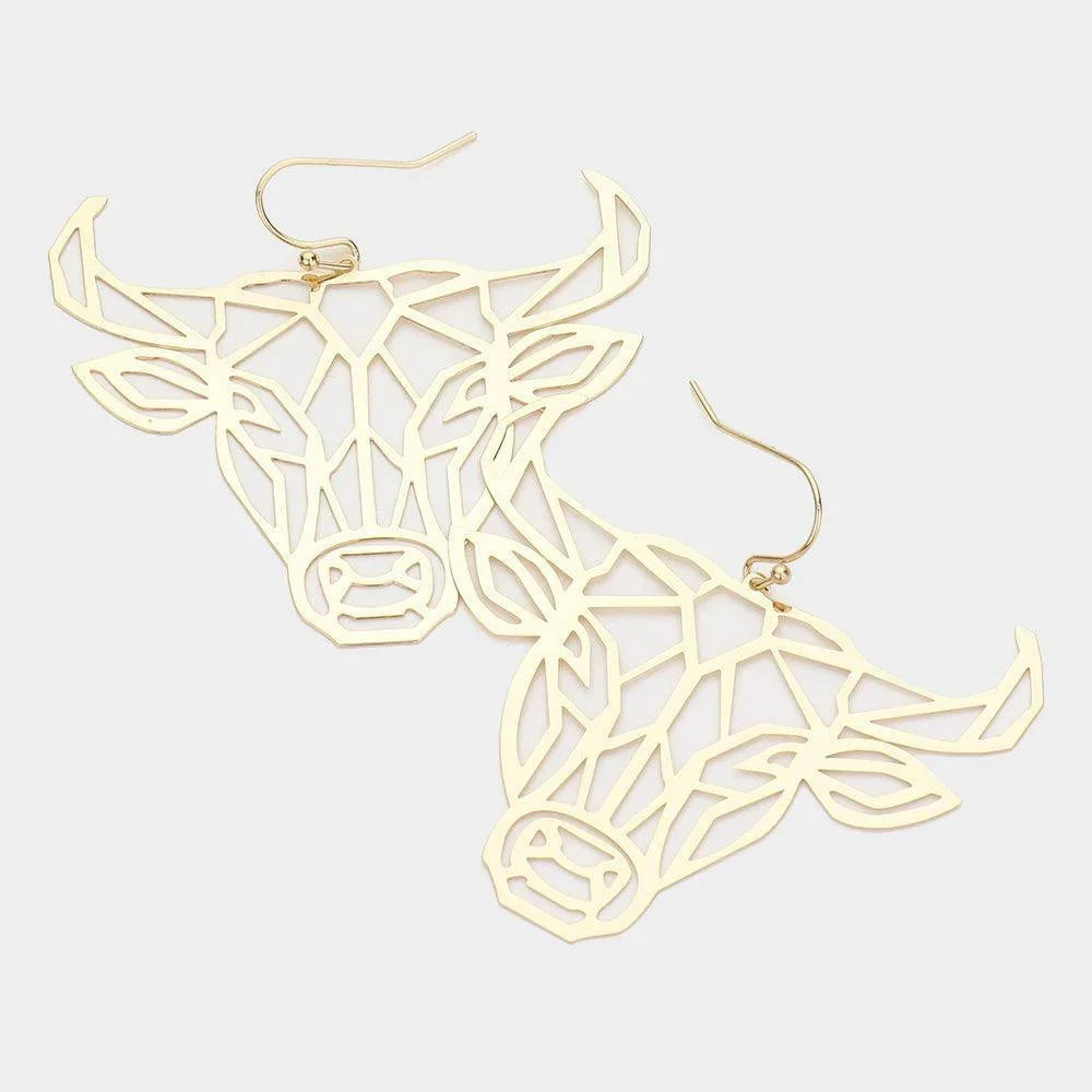 Gold Cut Out Brass Metal Steer Head Dangle Earrings - Jewelry Store by Erik Rayo