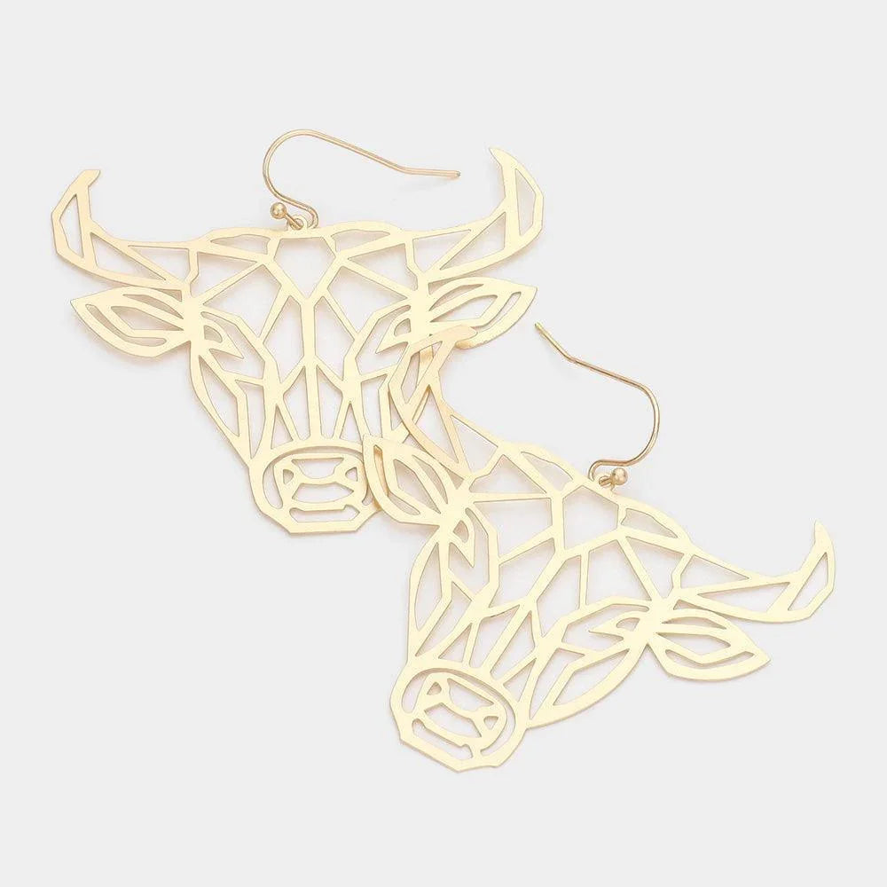 Gold Cut Out Brass Metal Steer Head Dangle Earrings - Jewelry Store by Erik Rayo
