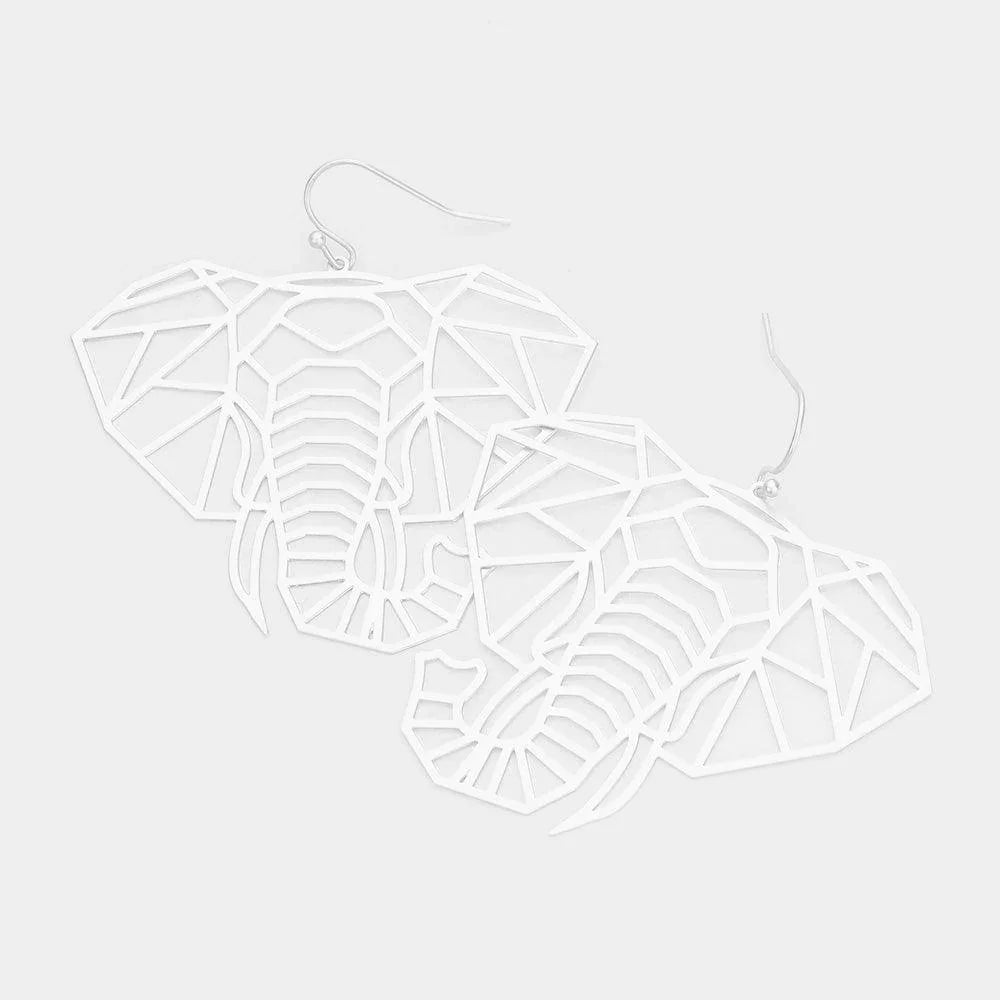 Silver Cut Out Brass Metal Elephant Dangle Earrings - Jewelry Store by Erik Rayo