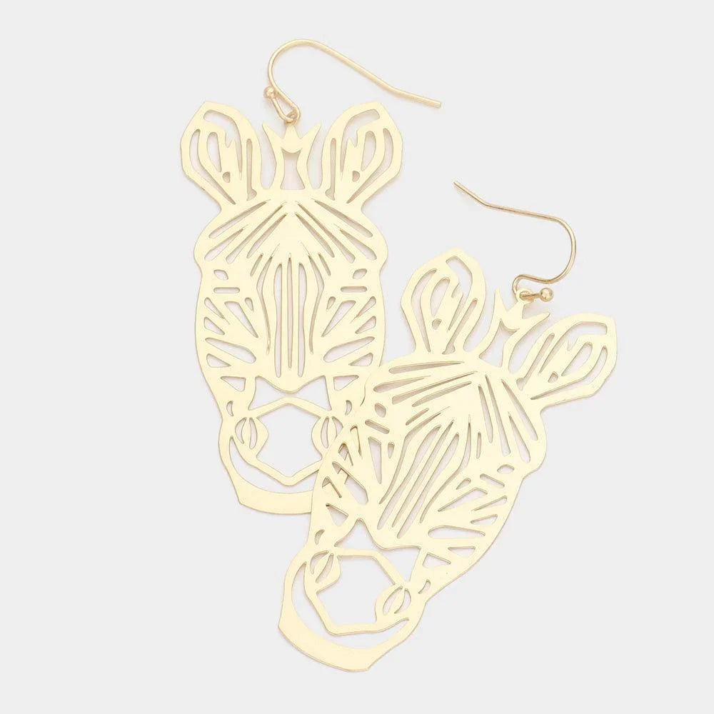 Gold Cut Out Brass Metal Zebra Dangle Earrings - Jewelry Store by Erik Rayo