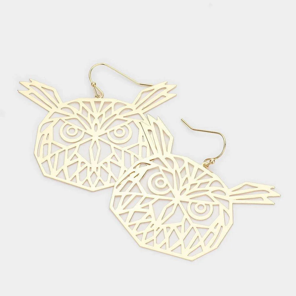 Gold Cut Out Brass Metal Owl Dangle Earrings - Jewelry Store by Erik Rayo