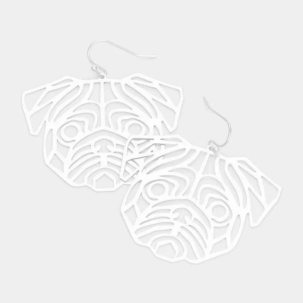 Silver Cut Out Brass Metal Bulldog Dangle Earrings - Jewelry Store by Erik Rayo