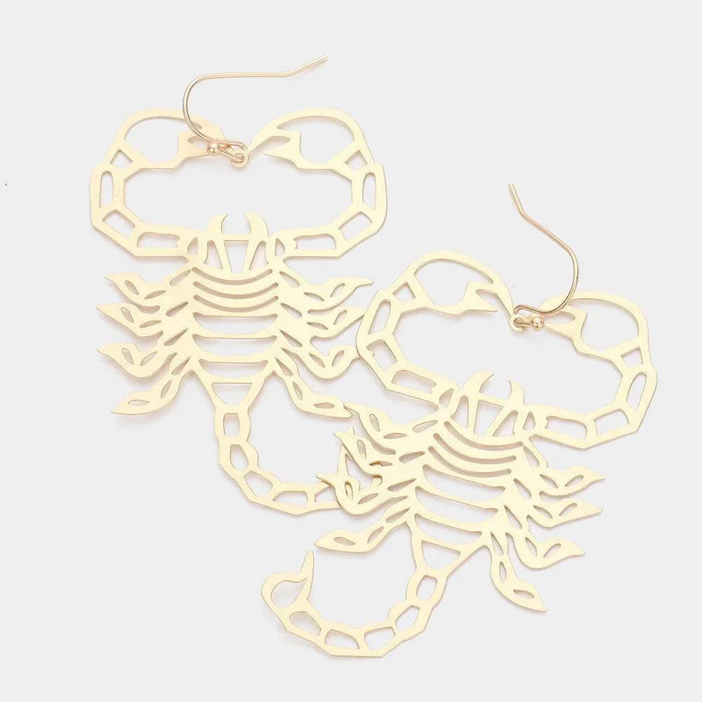 Gold Cut Out Brass Metal Scorpion Dangle Earrings - Jewelry Store by Erik Rayo