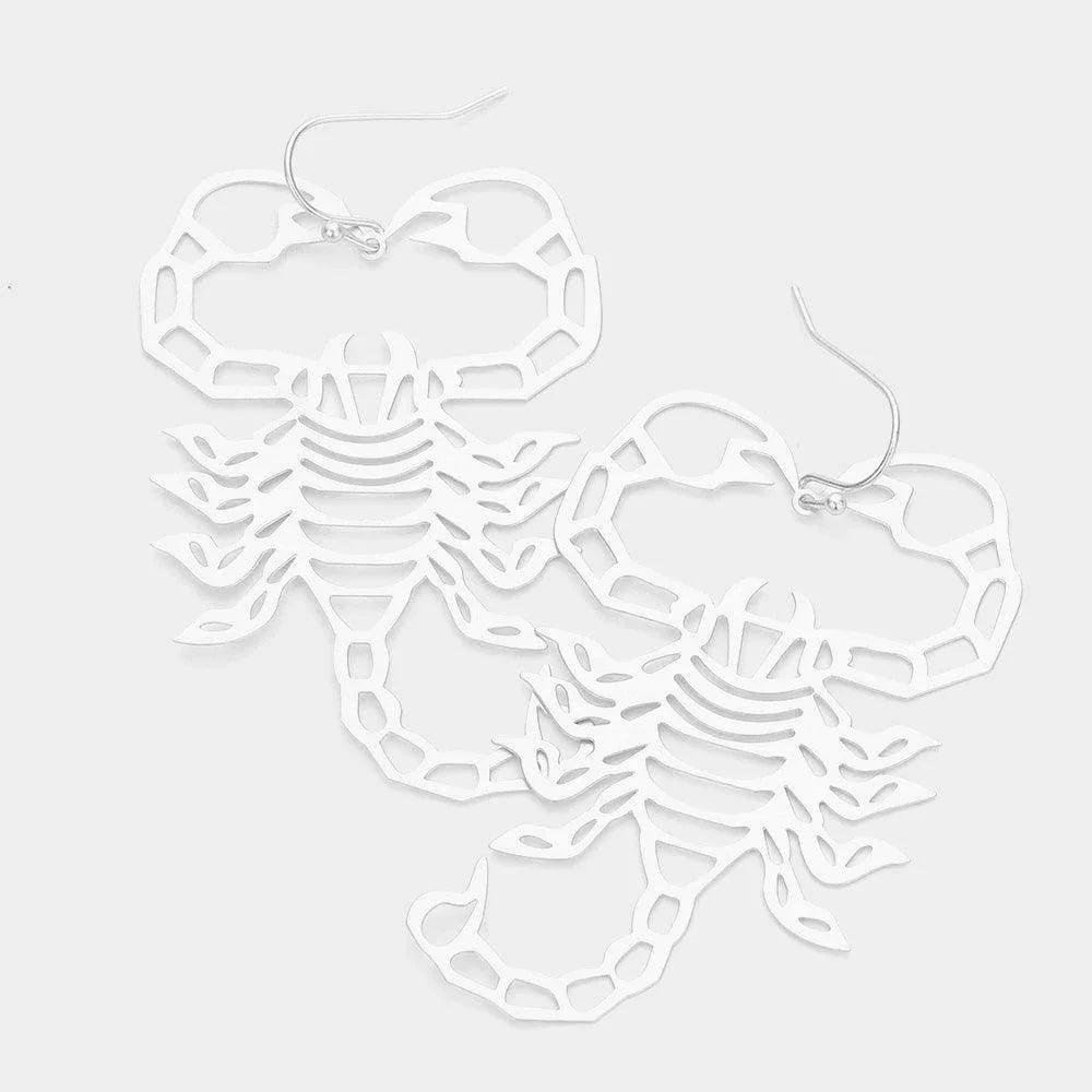 Silver Cut Out Brass Metal Scorpion Dangle Earrings - Jewelry Store by Erik Rayo