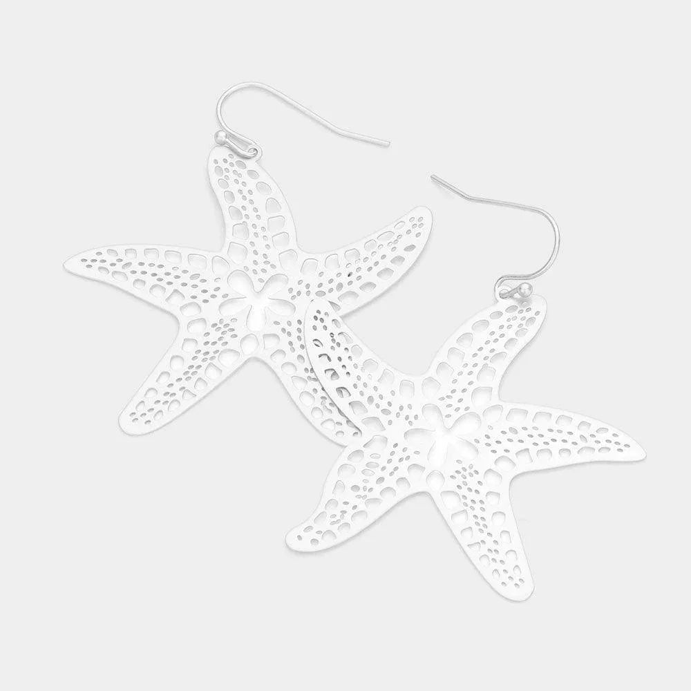 Silver Cut Out Brass Metal Starfish Dangle Earrings - Jewelry Store by Erik Rayo