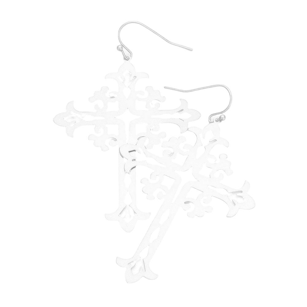 Silver Brass Metal Cross Dangle Earrings