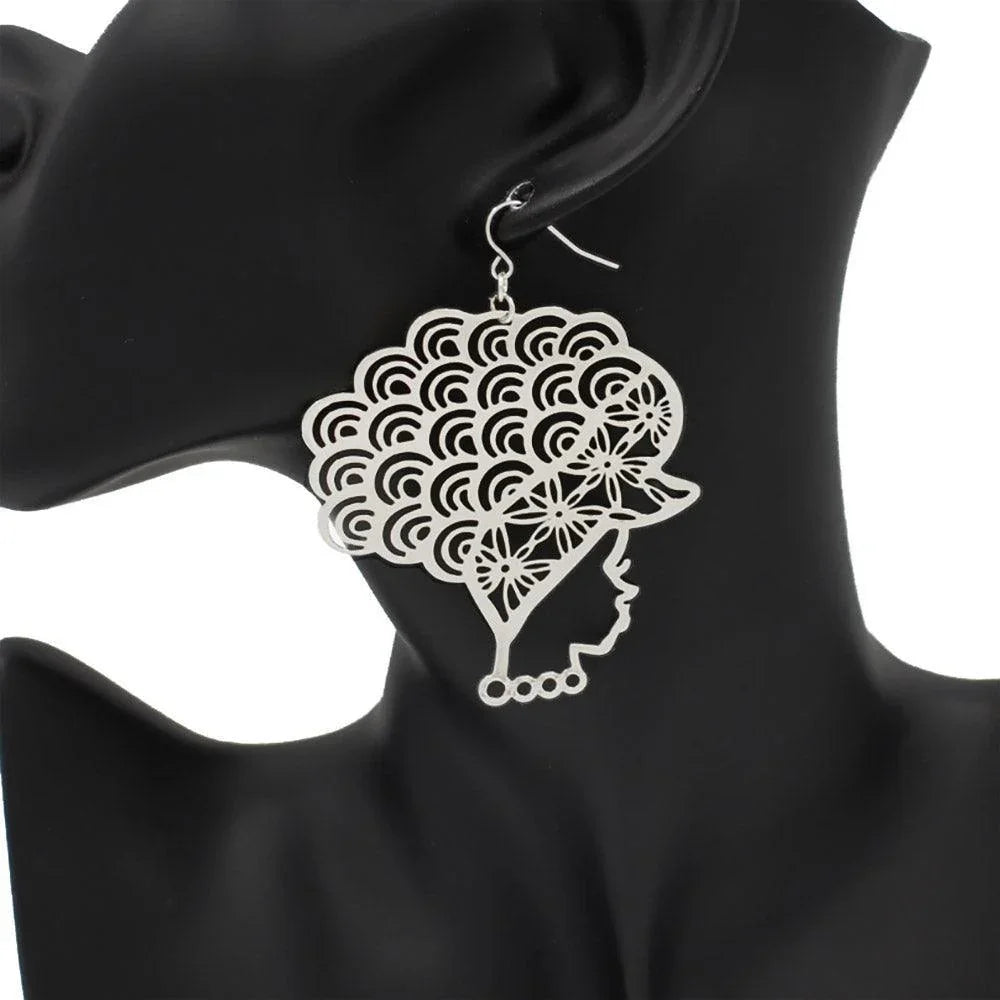 Cut Out Metal Afro Girl Dangle Earrings - Jewelry Store by Erik Rayo