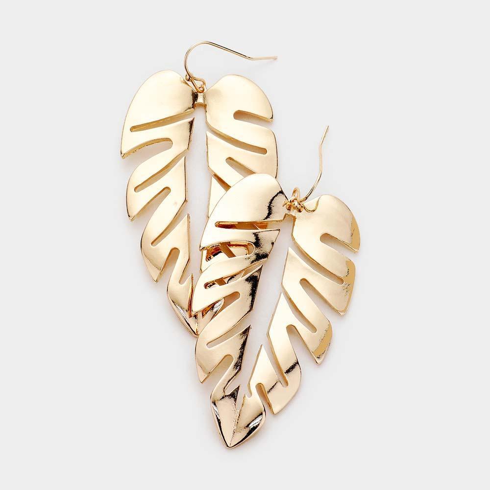 Gold Tropical Leaf Cut Out Metal Earrings - Jewelry Store by Erik Rayo