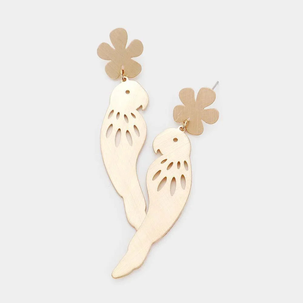 Gold Flower Parrot Dangle Metal Earrings - Jewelry Store by Erik Rayo