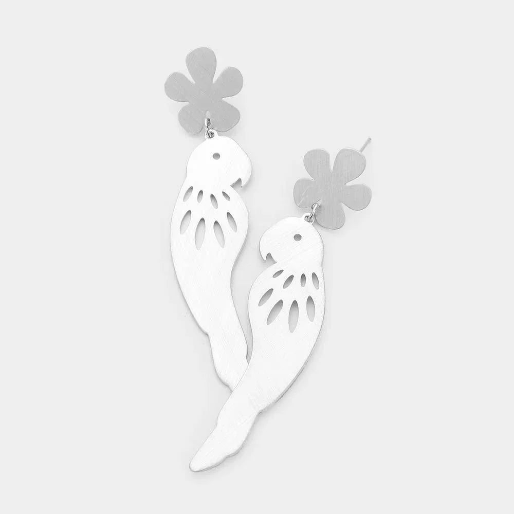 Silver Flower Parrot Dangle Metal Earrings - Jewelry Store by Erik Rayo