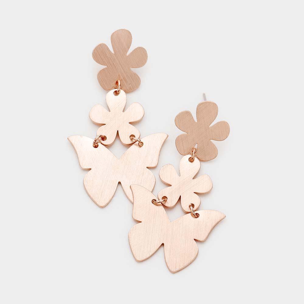 Rose Gold Double Flower Butterfly Metal Earrings - Jewelry Store by Erik Rayo