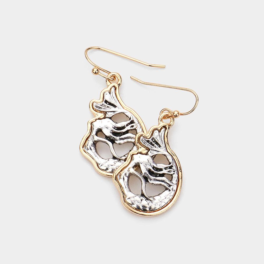 Two Tone Metal Mermaid Dangle Earrings