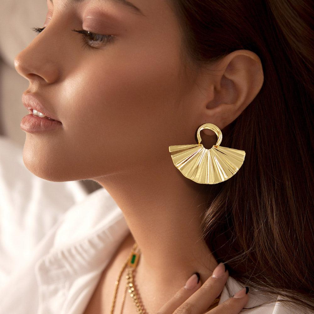 Gold Textured Metal Fan Earrings