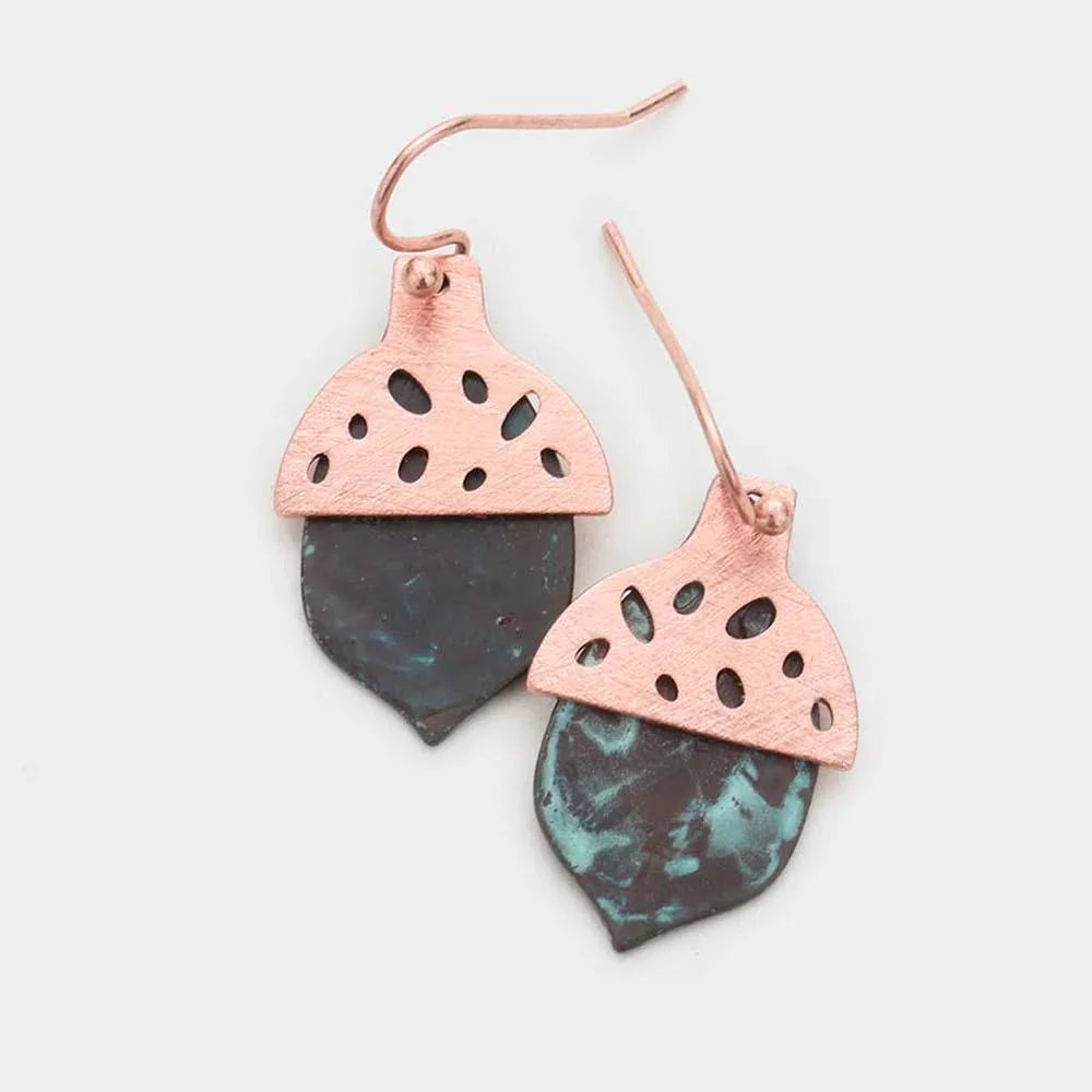 Two Tone Brass Metal Acorn Dangle Earrings - Jewelry Store by Erik Rayo
