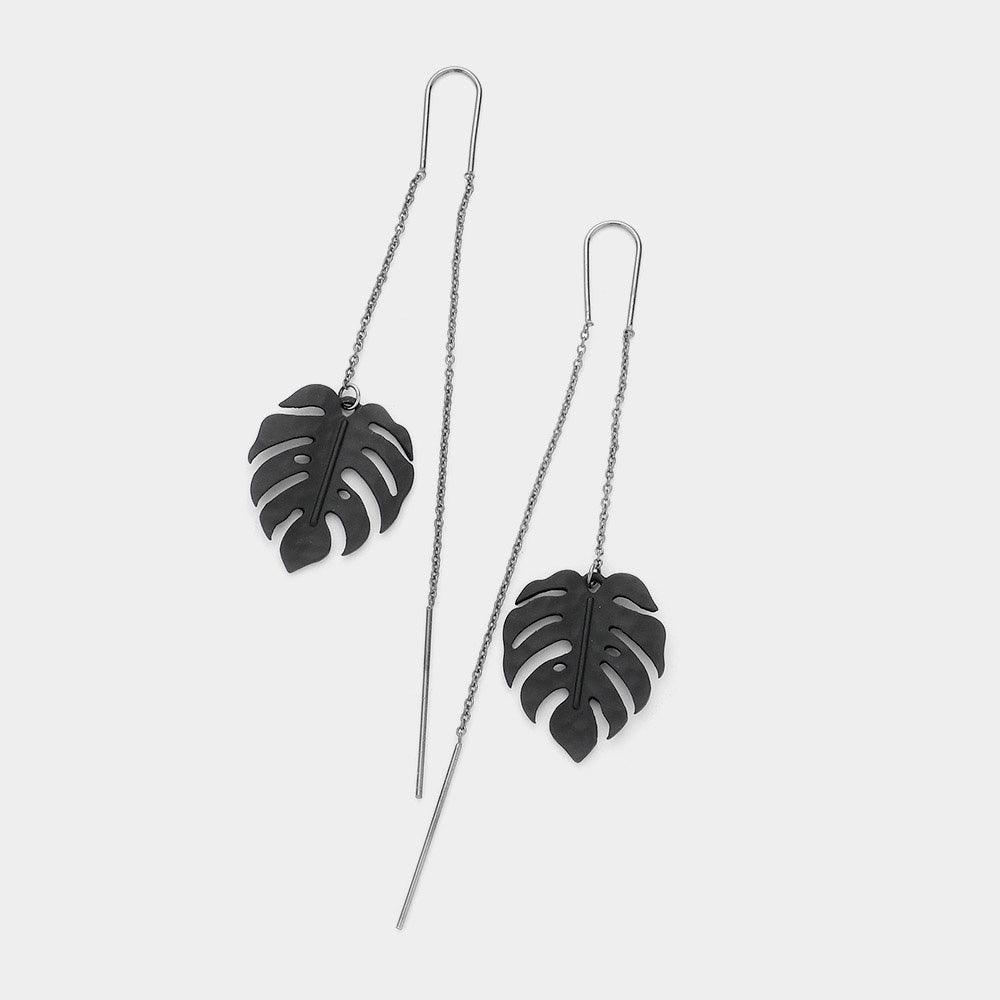 Black Metal Tropical Leaf Threader Earrings - Jewelry Store by Erik Rayo