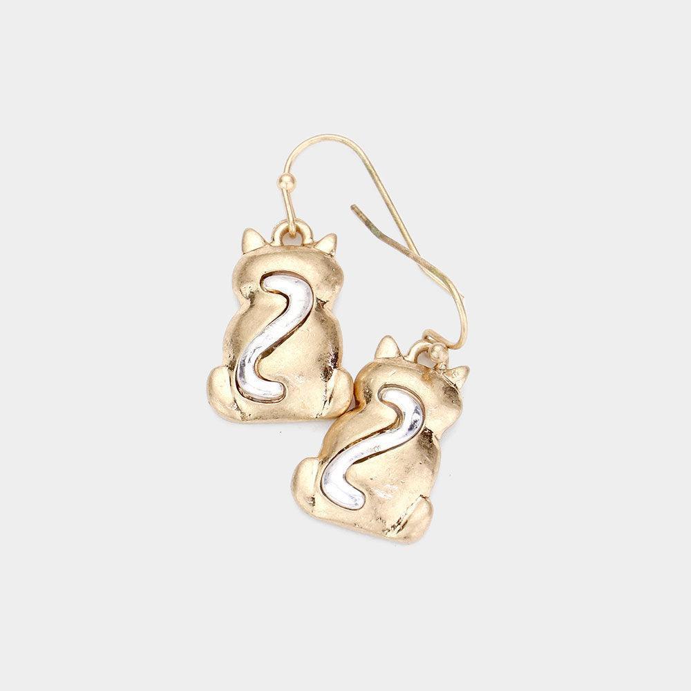 Two Tone Metal Cat Dangle Earrings - Jewelry Store by Erik Rayo