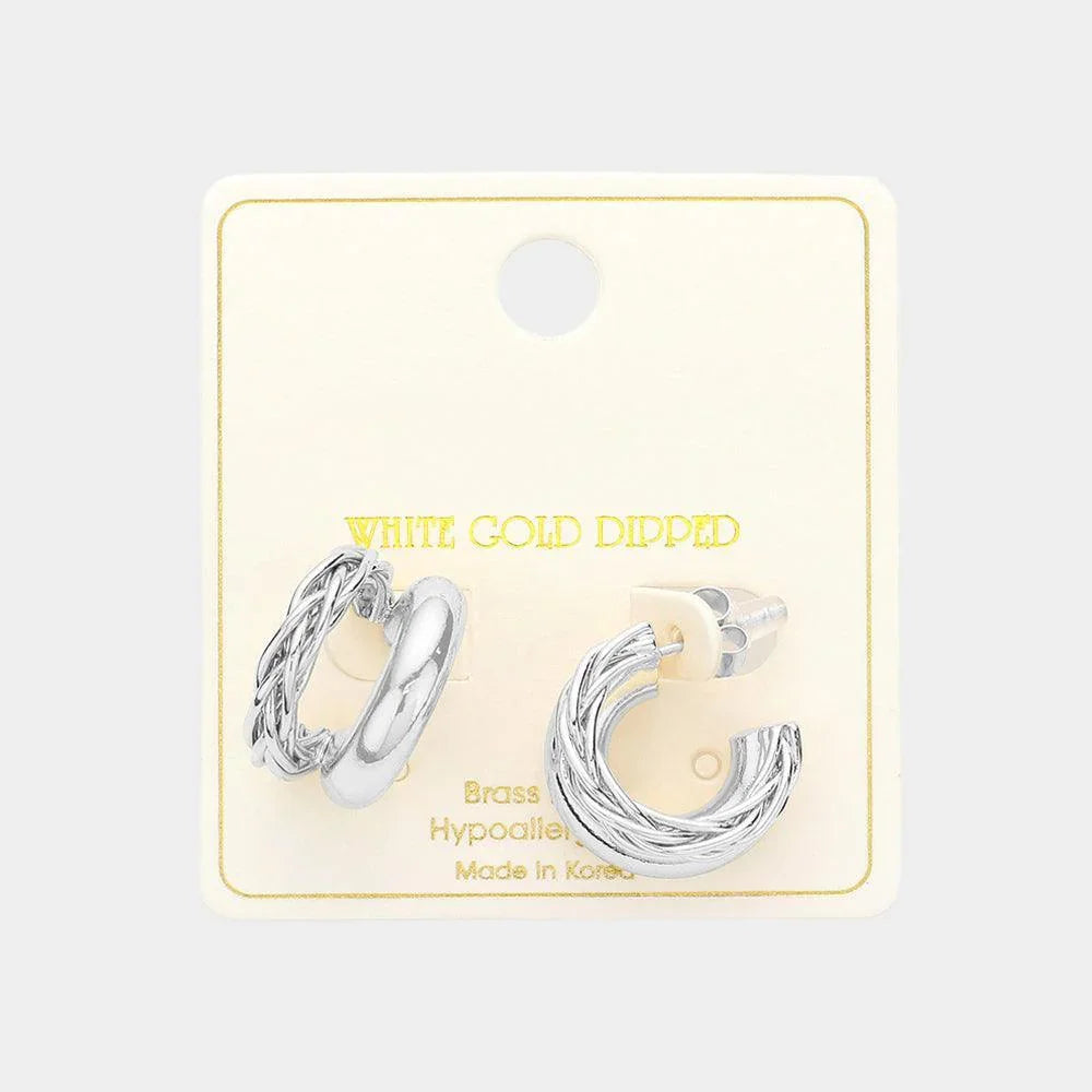 Silver White Gold Dipped Textured Metal Hoop Earrings - Jewelry Store by Erik Rayo