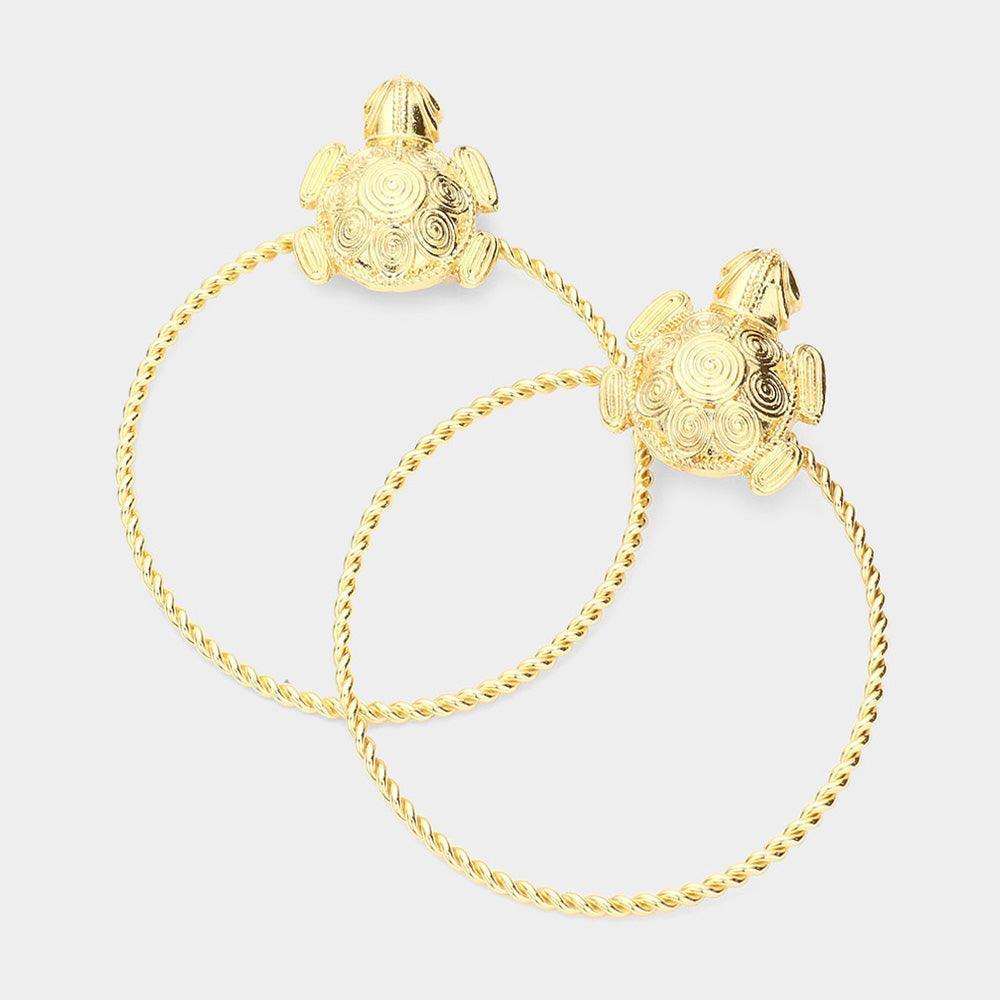 Gold Turtle Accented Twisted Open Metal Circle Earrings - Jewelry Store by Erik Rayo