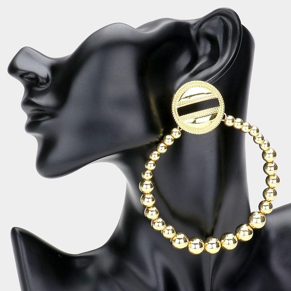 Gold Cut Out Rectangle Detail Round Point Metal Ball Open Circle Earrings - Jewelry Store by Erik Rayo