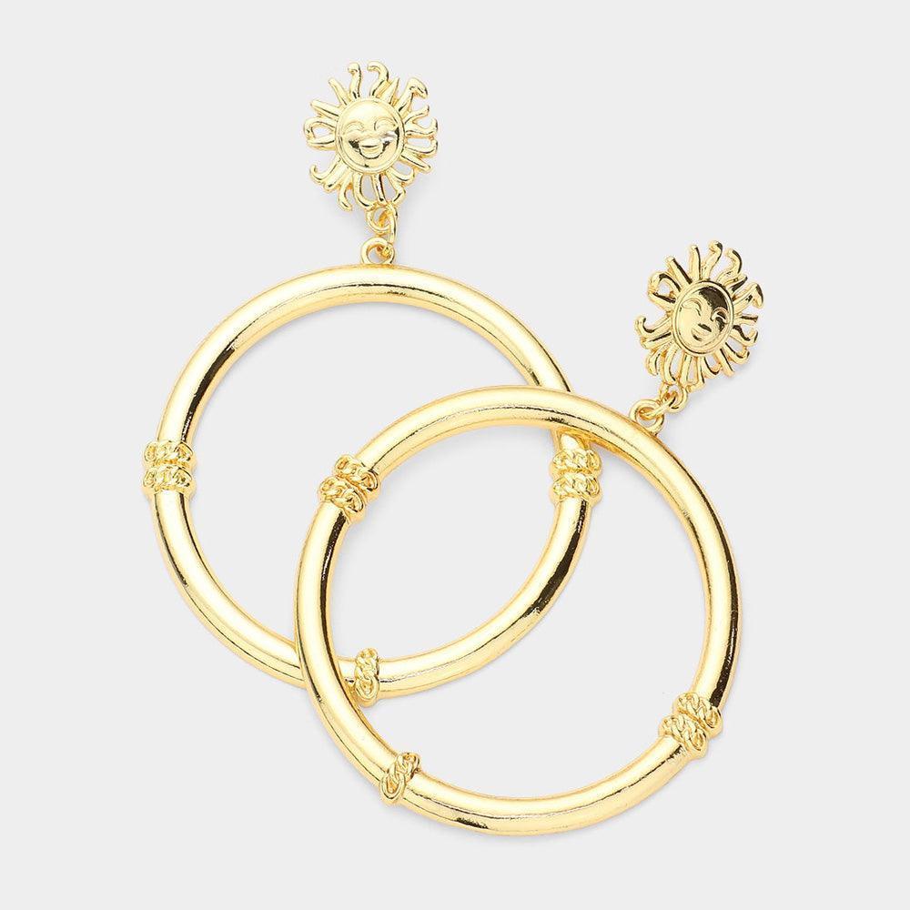 Gold Sun Accented Open Metal Circle Link Dangle Earrings - Jewelry Store by Erik Rayo