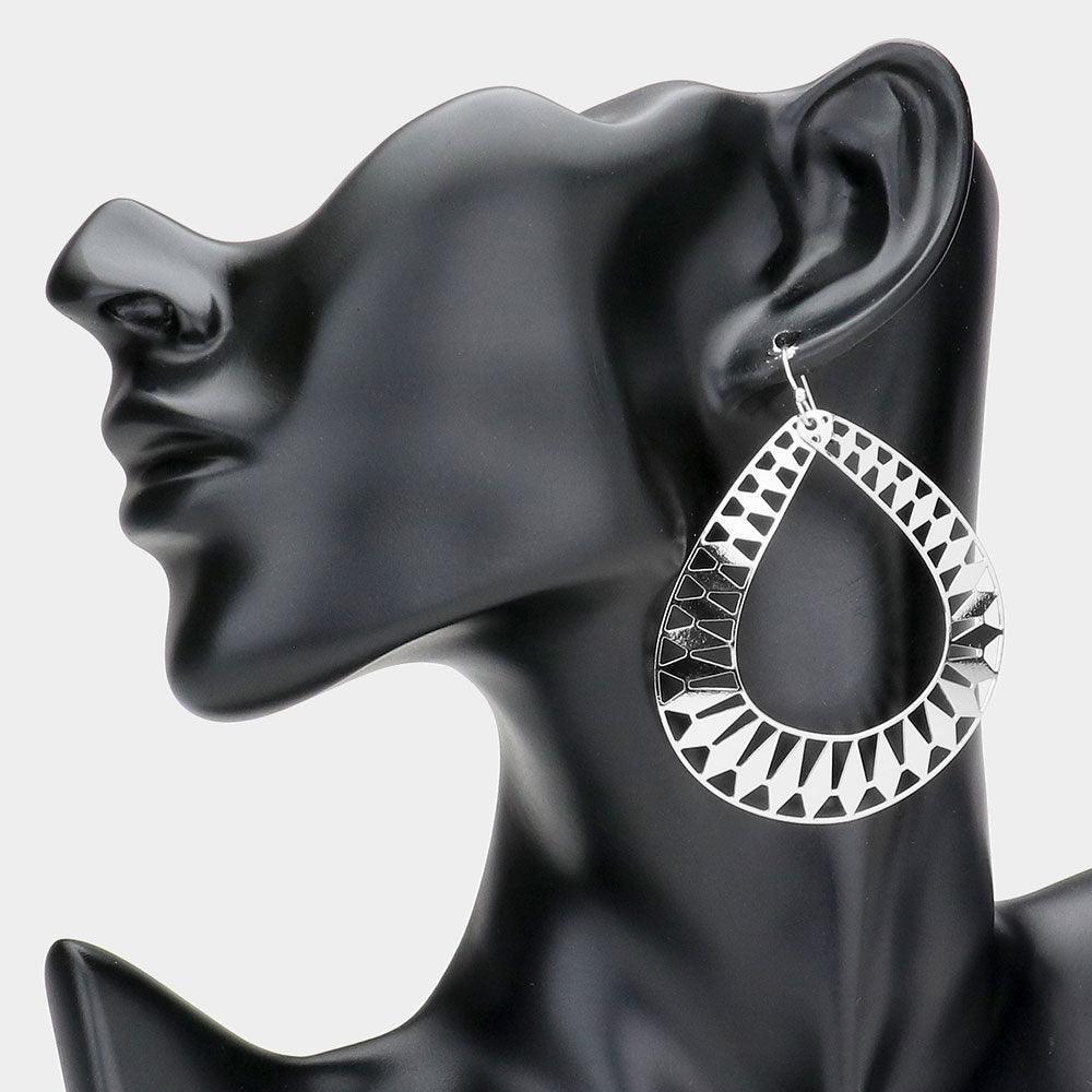 Silver Geometric Detailed Brass Metal Teardrop Dangle Earrings - Jewelry Store by Erik Rayo
