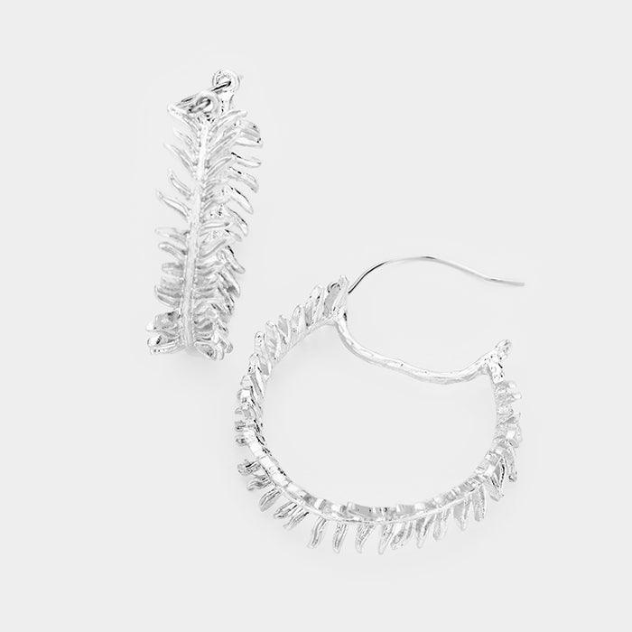 Silver Metal Feather Hoop Earrings