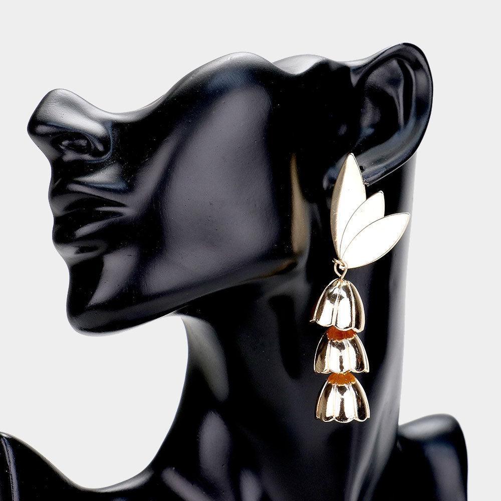 Gold Triple Leaf Metal Bell Drop Earrings - Jewelry Store by Erik Rayo