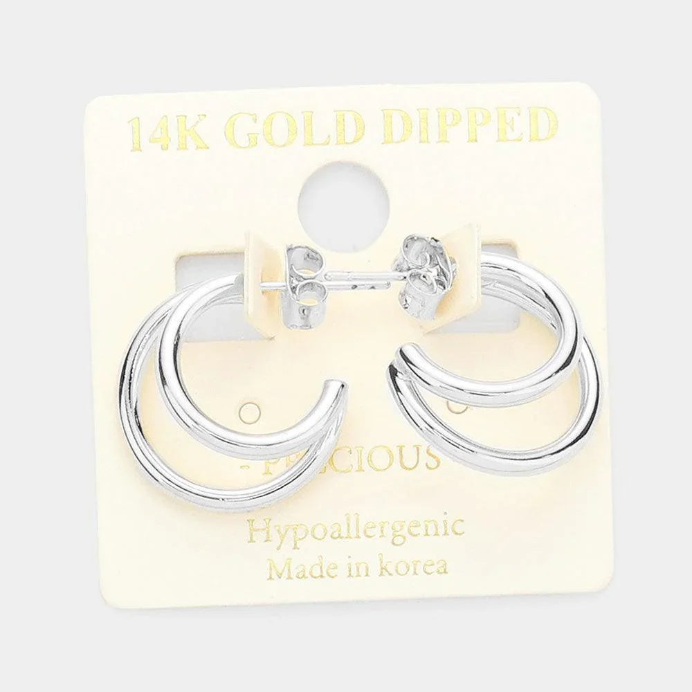 Gold 14K White Gold Dipped Double Metal Half Hoop Layered Earrings - Jewelry Store by Erik Rayo