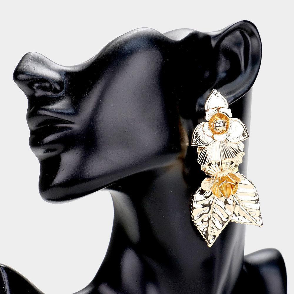Gold Embossed Metal Flower and Leaf Drop Earrings - Jewelry Store by Erik Rayo