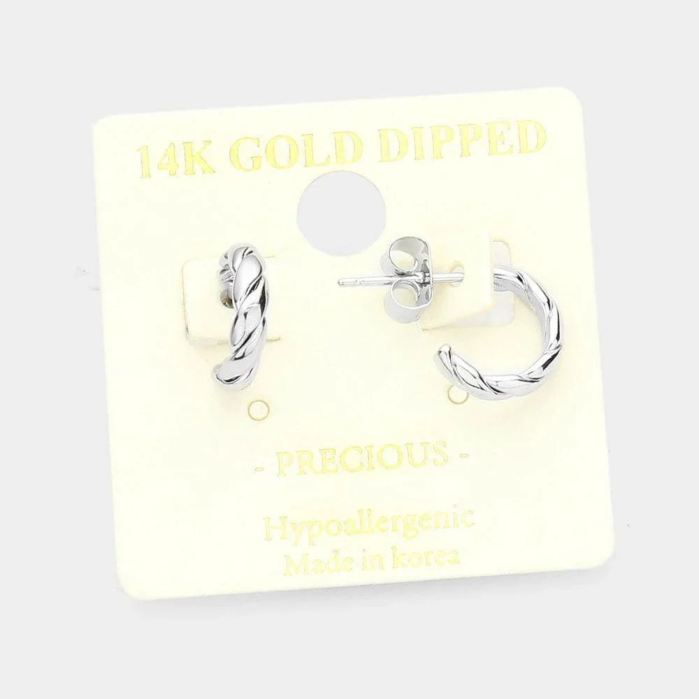 Gold 14K White Gold Dipped Textured Half Metal Mini Hoop Earrings - Jewelry Store by Erik Rayo
