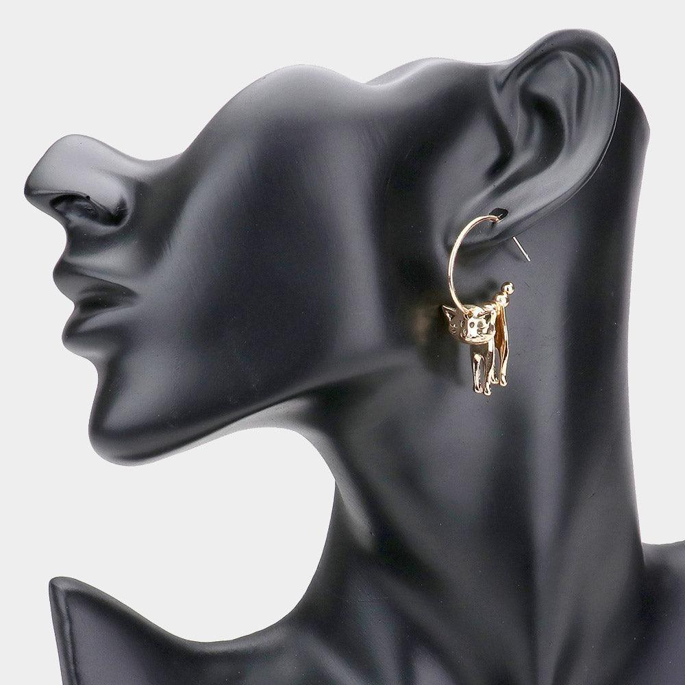 Gold Half Hoop Metal Cat Dangle Earrings - Jewelry Store by Erik Rayo