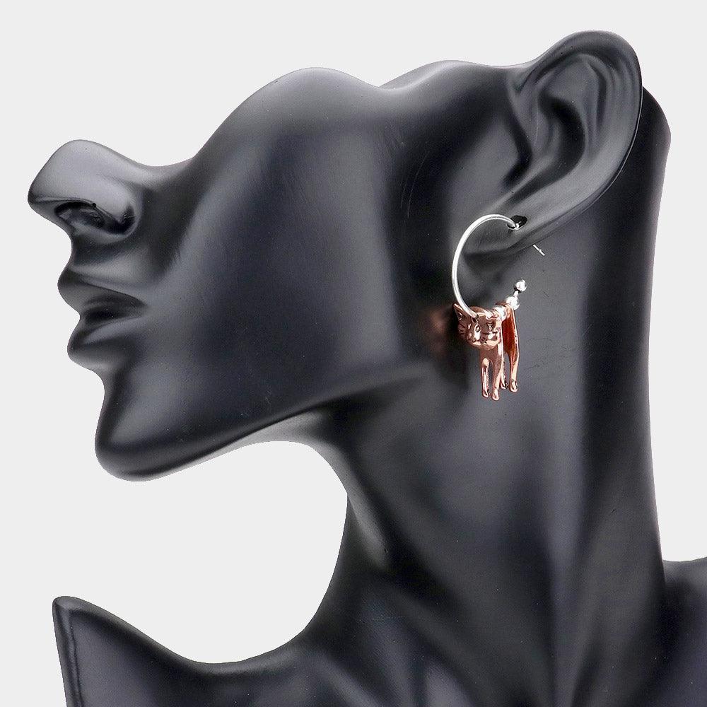 Two Tone Half Hoop Metal Cat Dangle Earrings - Jewelry Store by Erik Rayo