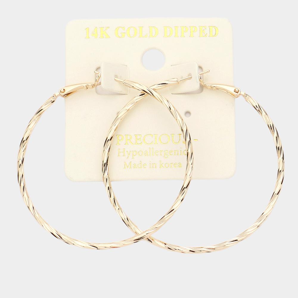 Gold 14K Gold Dipped Textured 2 Inch Metal Hoop Earrings
