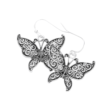 Load image into Gallery viewer, Silver Antique Metal Butterfly Dangle Earrings
