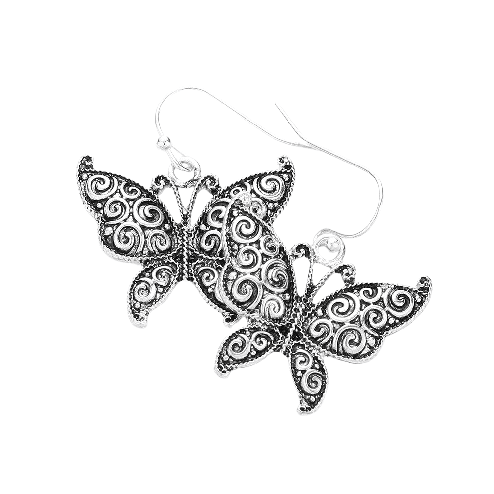 Silver Antique Metal Butterfly Dangle Earrings