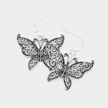 Load image into Gallery viewer, Silver Antique Metal Butterfly Dangle Earrings
