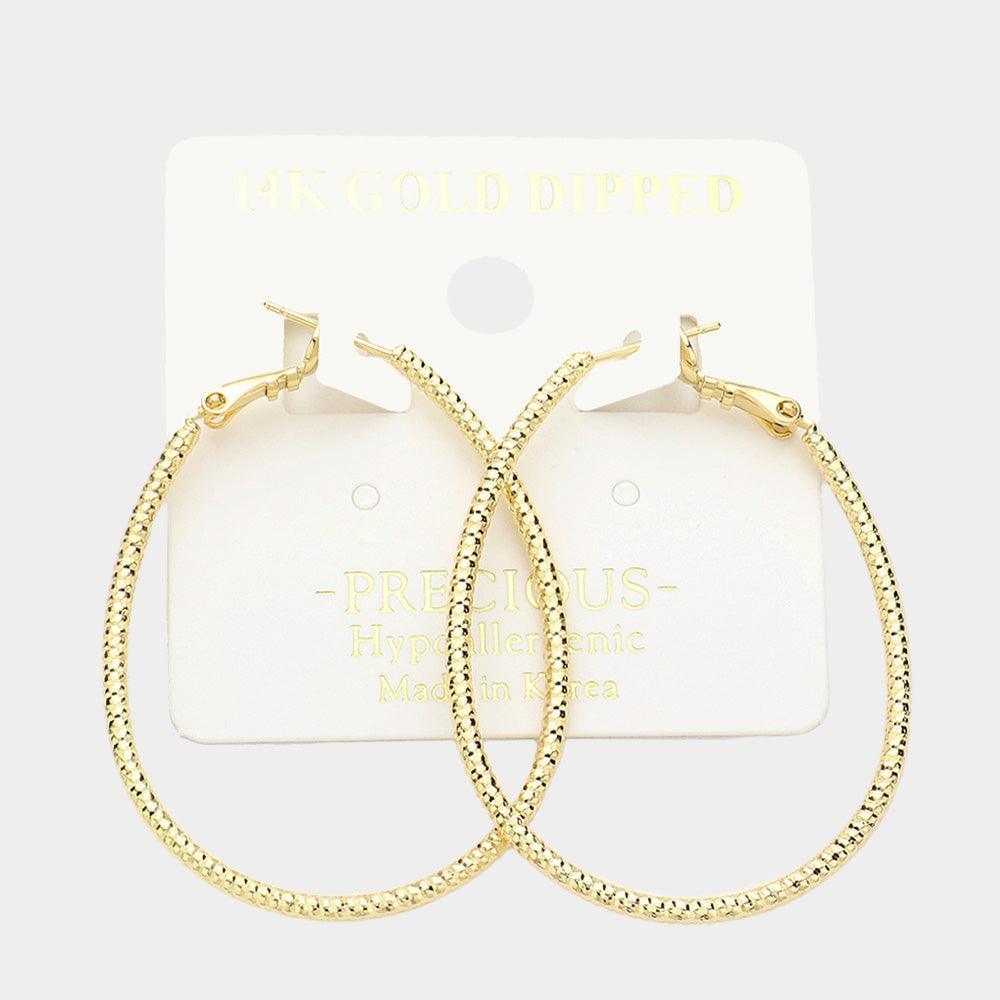 Gold 14K Gold Dipped Hypoallergenic Textured Metal Oval Hoop Earrings - Jewelry Store by Erik Rayo