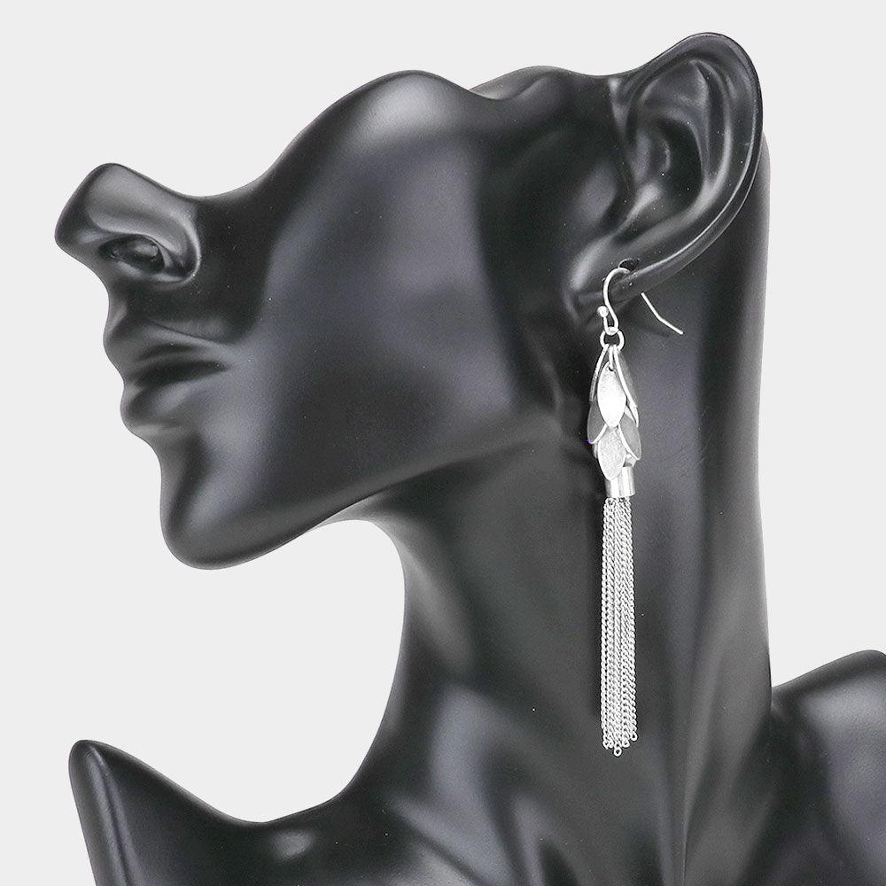 Silver Metal Marquise Cluster Vine Chain Tassel Drop Dangle Earrings