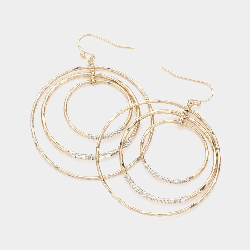 Gold Metal Coil Pointed Hammered Triple Open Circle Dangle Earrings