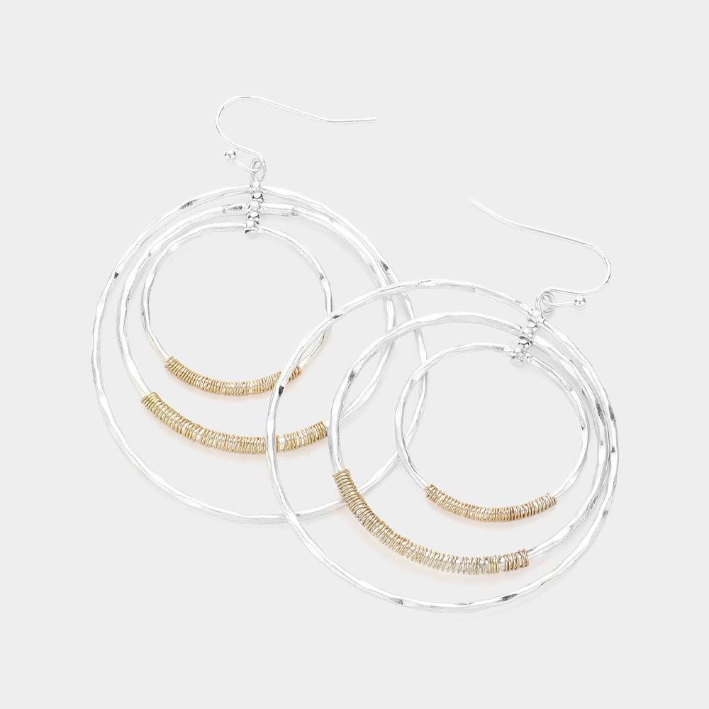 Silver Metal Coil Pointed Hammered Triple Open Circle Dangle Earrings