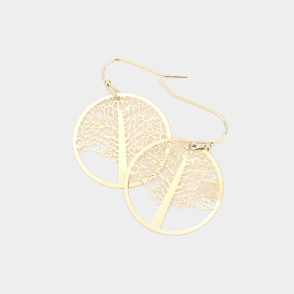 Gold Brass Metal Tree of Life Dangle Earrings