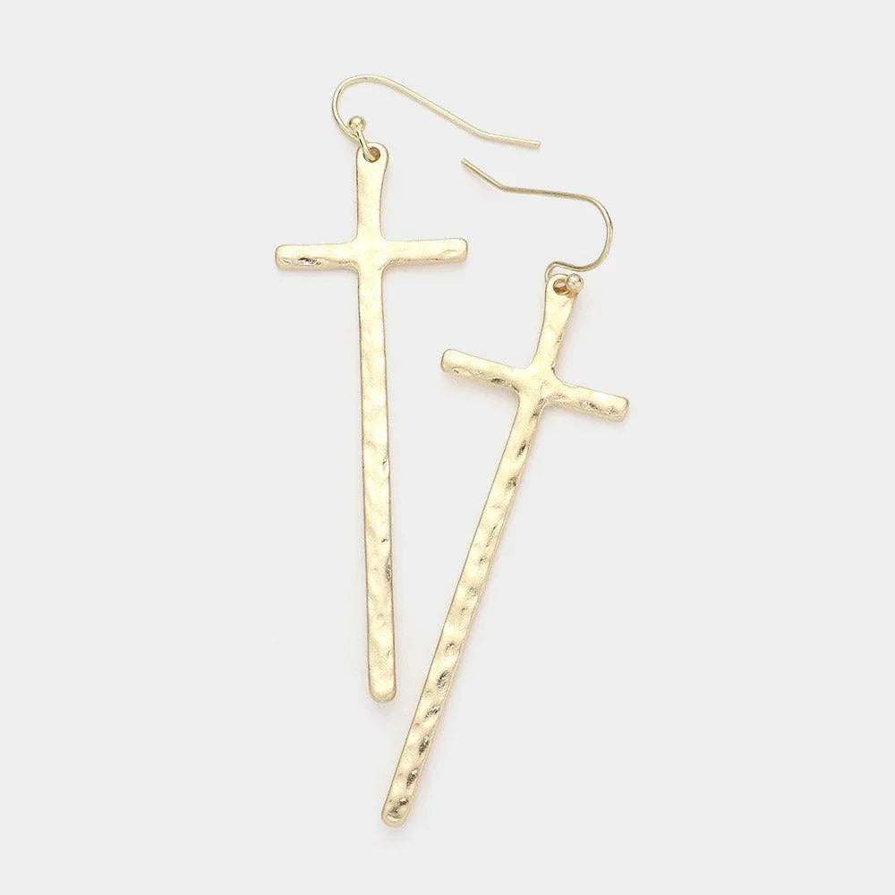 Gold Hammered Metal Cross Dangle Earrings - Jewelry Store by Erik Rayo