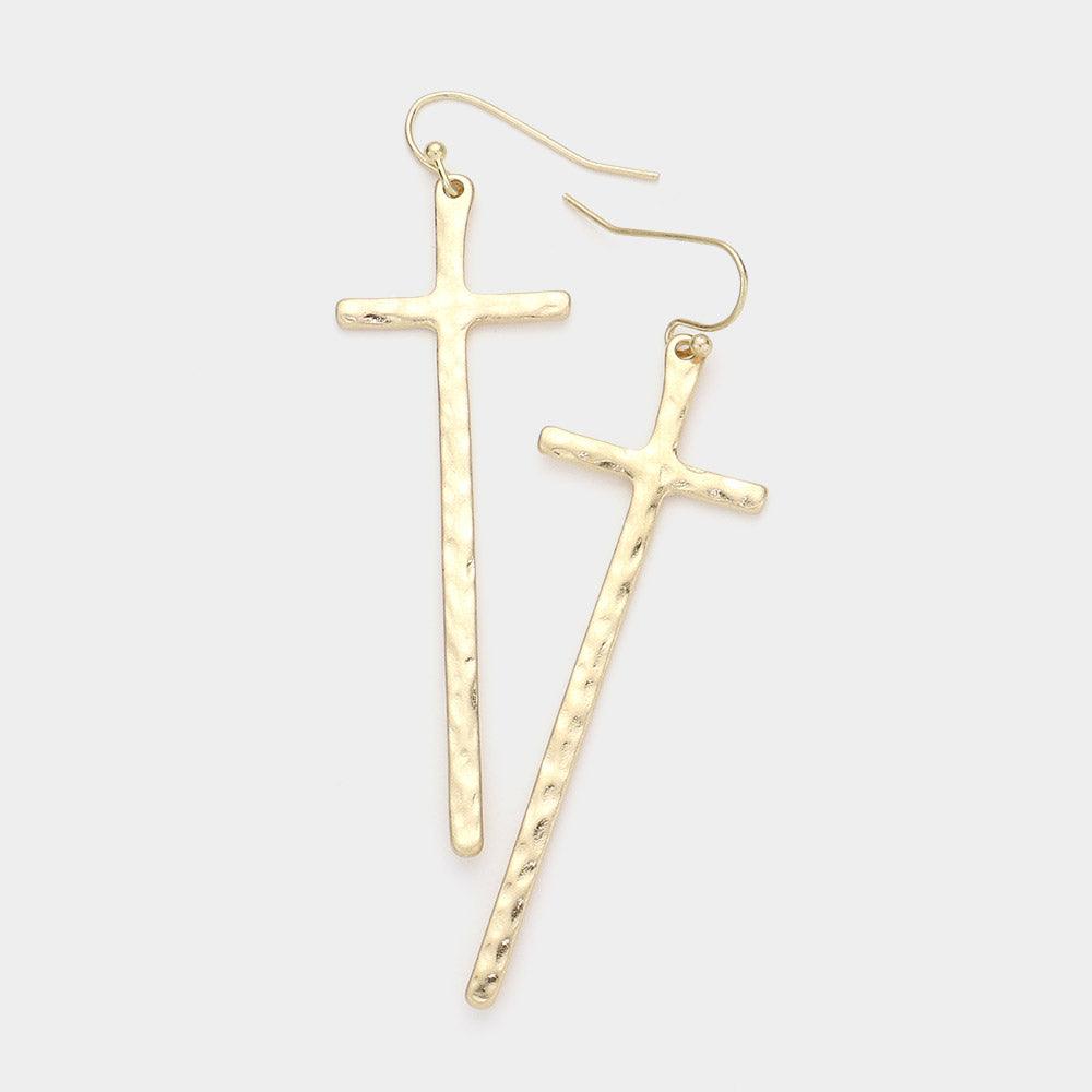 Gold Hammered Metal Cross Dangle Earrings